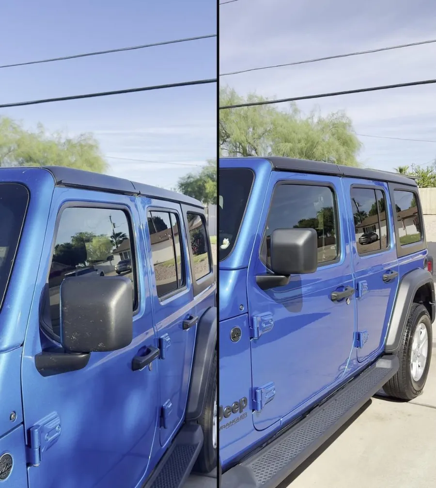Blue Jeep Wrangler side after detailing